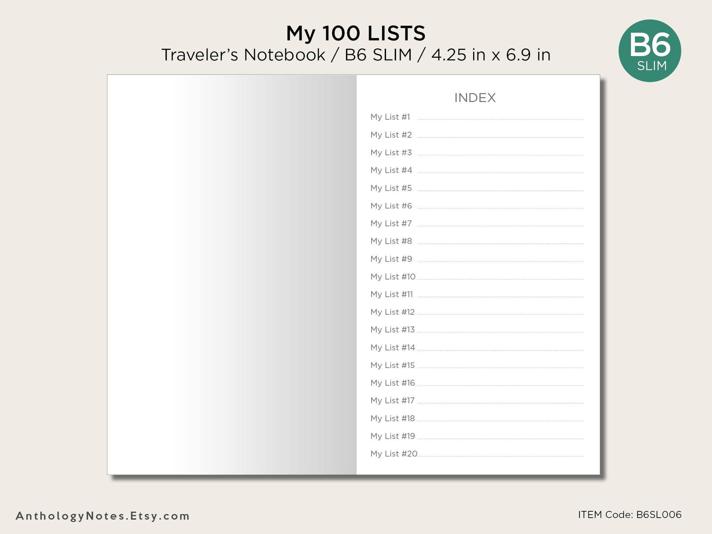 B6 SLIM My 100 Lists Printable Planner Traveler's Notebook Insert - Bucket List, Goals, Etc.