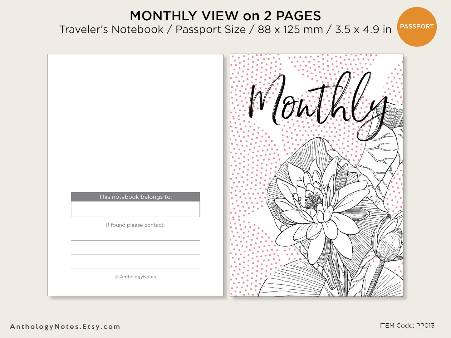 PASSPORT Monthly View Mo2P TRAVELER'S NOTEBOOK Printable Planner Minimalist Undated
