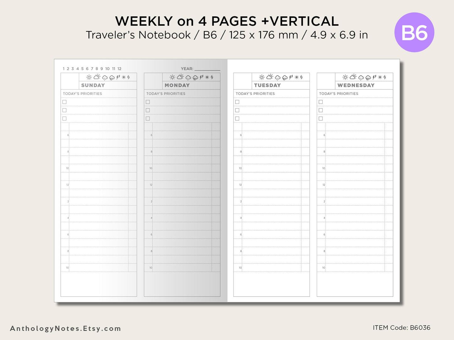 B6 Weekly on 4 Pages Vertical - Wo4P - Printable Grid - Traveler's Notebook - Wo2P - Minimalist /