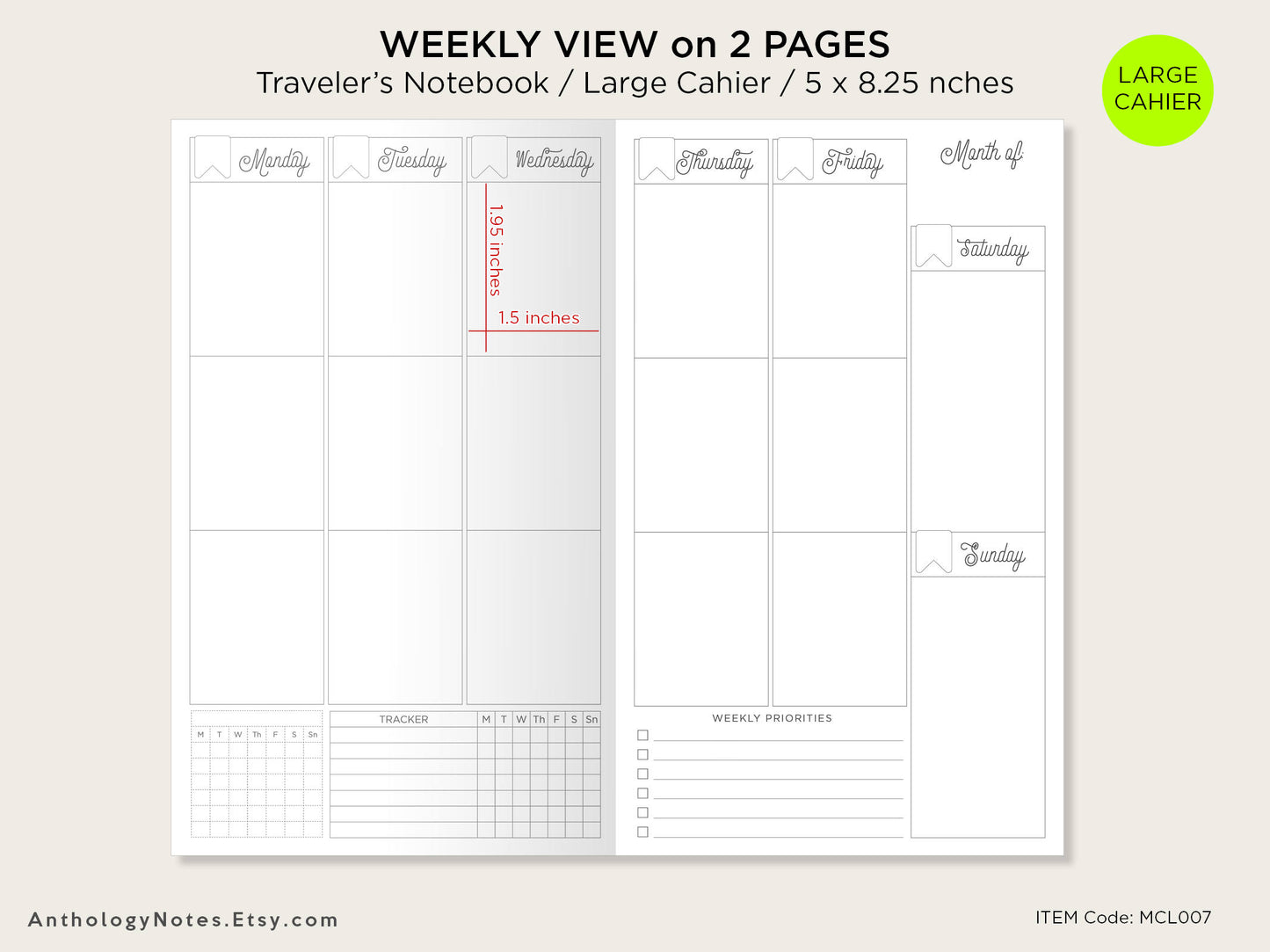 Cahier Weekly View - Vertical Large  Traveler's Notebook Insert - Fits EC Stickers - Wo2P - Weekly Tracker
