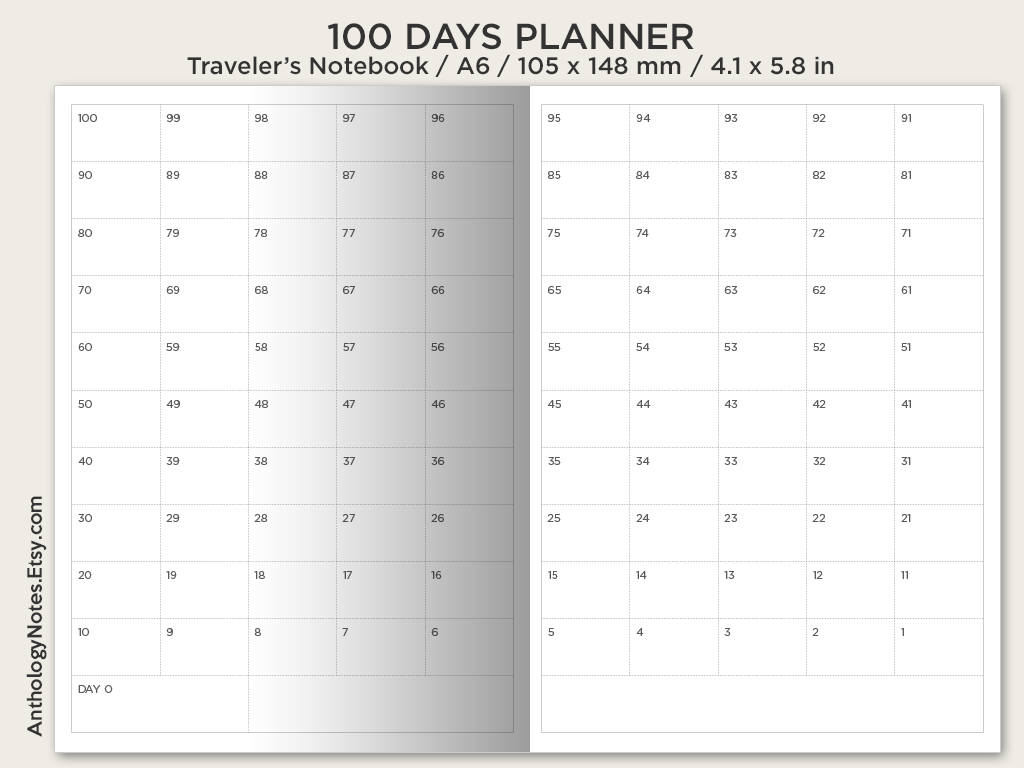 A6 100 DAYS PLANNER - Printable Insert - Traveler's Notebook - Goal Setting Insert - COUNTDOWN calendar A6018