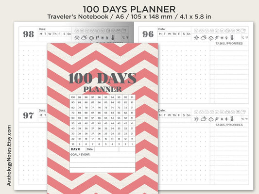 A6 100 DAYS PLANNER - Printable Insert - Traveler's Notebook - Goal Setting Insert - COUNTDOWN calendar A6018