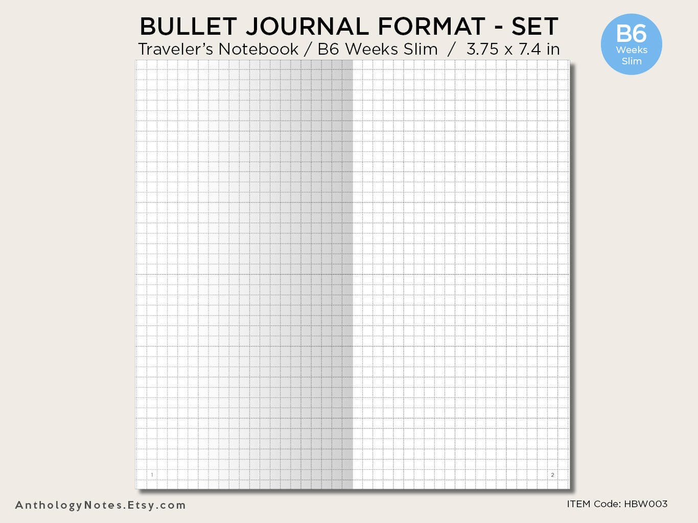 TN WEEKS Slim Bullet Log System SET - Grid, Dot Grid, Blank, Lined - Printable Insert for Traveler's Notebook
