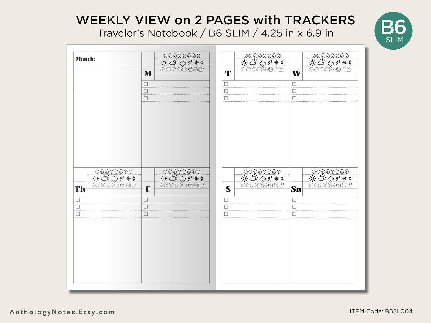 B6 SLIM Weekly View Insert - Traveler's Notebook - Mood, Weather and Water tracker - Vertical Quadrant Layout