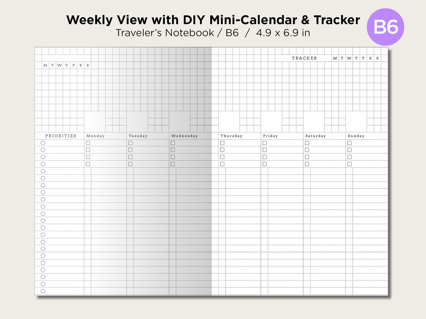 B6 Weekly View Vertical Traveler's Notebook Printable Insert With Tracker - DIY Mini-Calendar - Wo2P