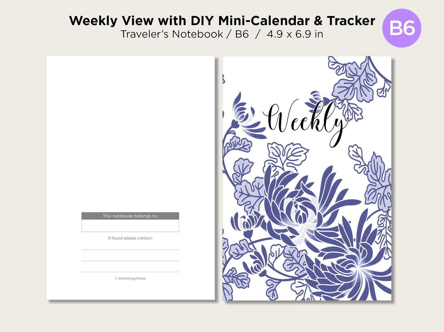 B6 Weekly View Vertical Traveler's Notebook Printable Insert With Tracker - DIY Mini-Calendar - Wo2P