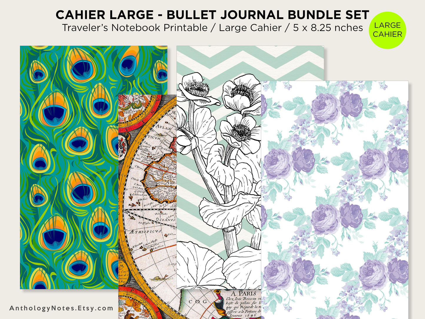 Cahier Bullet Log Traveler's Notebook BU JO Format Cahier Bundle Set - Grid, Blank, Dot Grid, Blank - Printable Insert