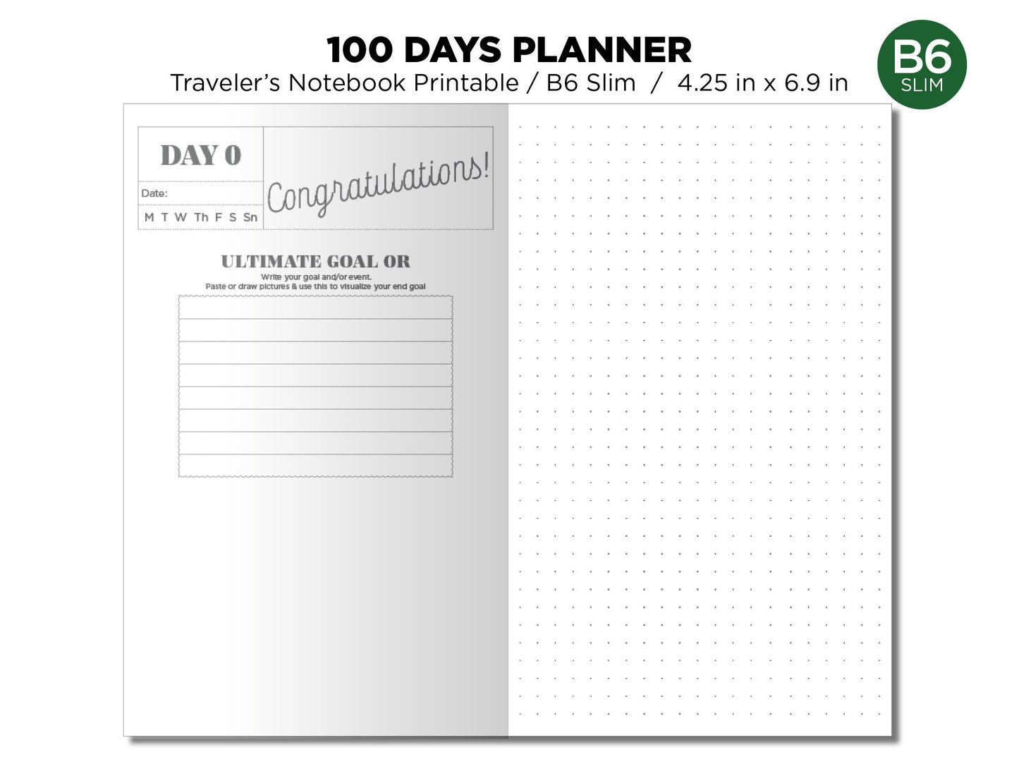 B6 Slim 100 Days Planner Traveler's Notebook 100 Days  Goal Tracking CountDown Planner Printable Diary Refill