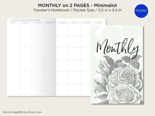 Pocket Size Monthly View UNDATED Traveler's Notebook Printable PDF Insert Refill, Fauxdori Printable Mo2P