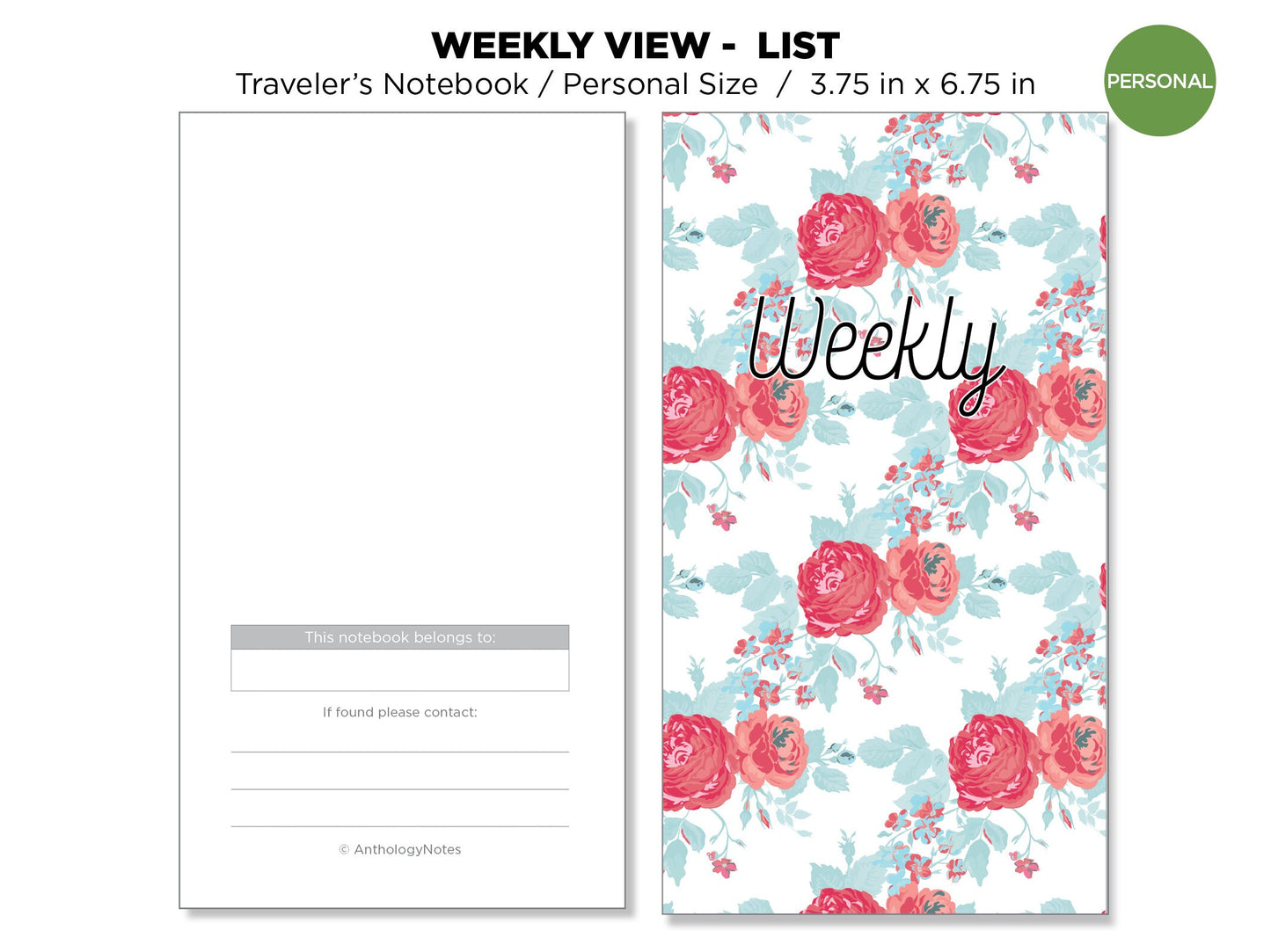 TN Personal Size Weekly View Horizontal - List - Traveler's Notebook Printable Insert
