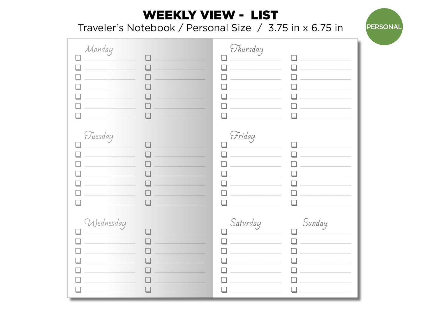 TN Personal Size Weekly View Horizontal - List - Traveler's Notebook Printable Insert