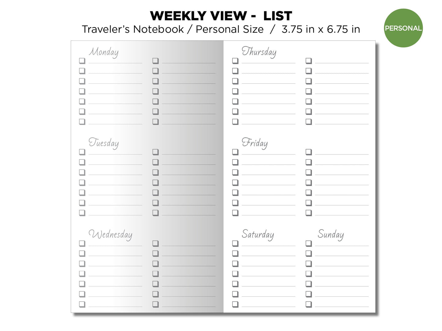TN Personal Size Weekly View Horizontal -  List - Traveler's Notebook Printable Insert