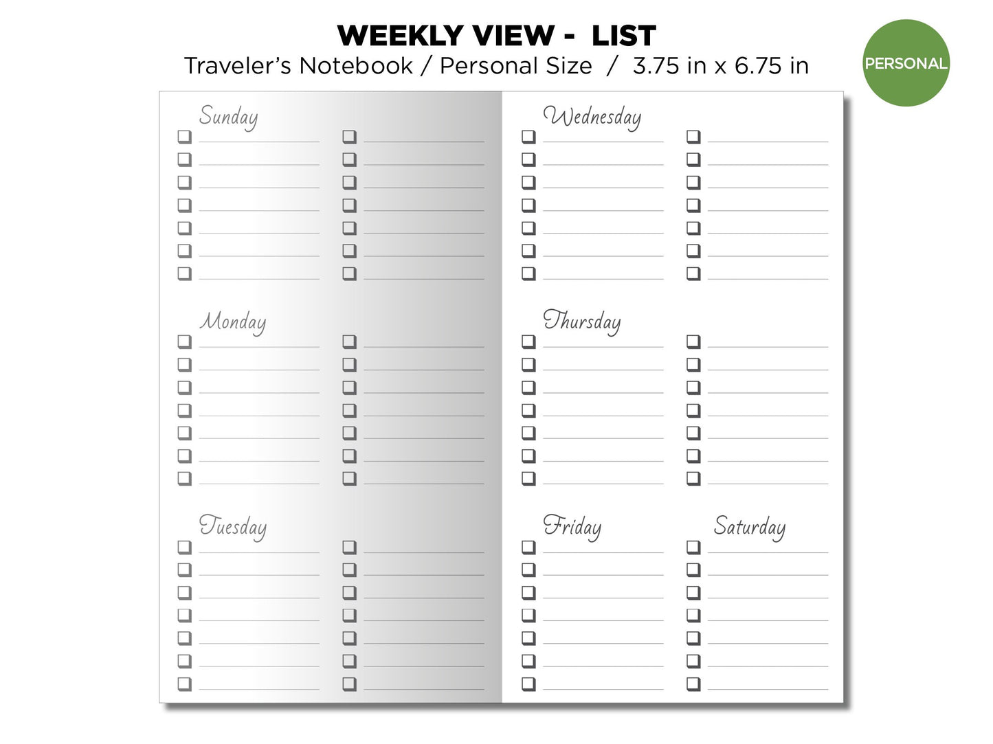 TN Personal Size Weekly View Horizontal -  List - Traveler's Notebook Printable Insert