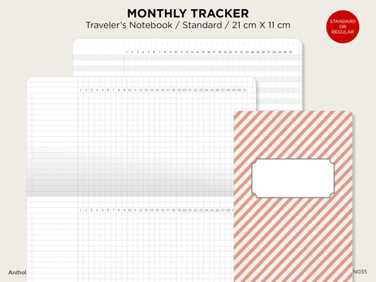 MONTHLY Tracker GRID Standard Size Traveler's Notebook Printable Insert Minimalist Grid Landscape