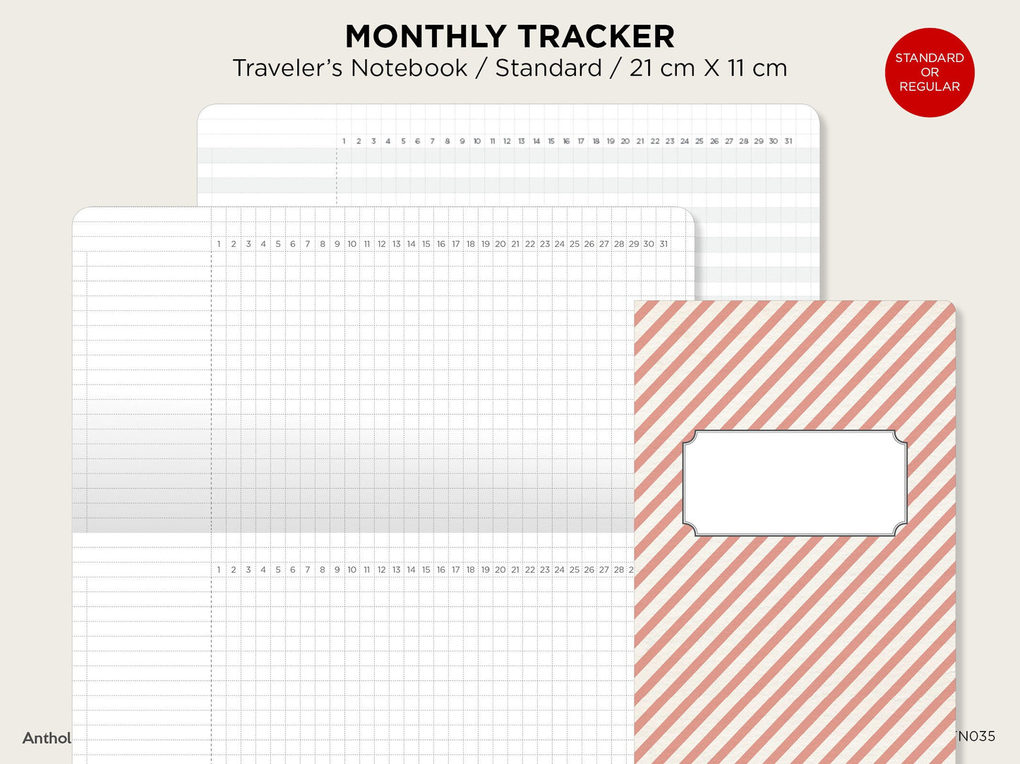 MONTHLY Tracker GRID Standard Size Traveler's Notebook Printable Insert Minimalist Grid Landscape