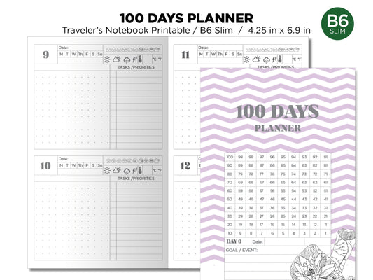 B6 Slim 100 Days Planner Traveler's Notebook 100 Days  Goal Tracking CountDown Planner Printable Diary Refill