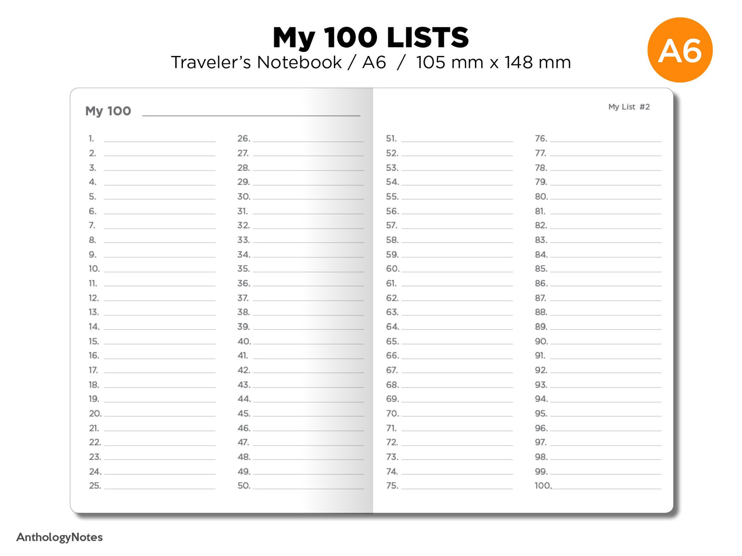 A6 My 100 Lists Printable Planner Traveler's Notebook Insert
