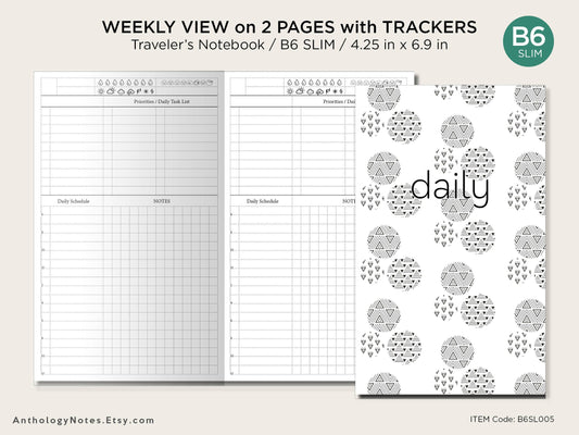 B6 SLIM DAILY View Schedule Traveler's Notebook Printable - Minimalist Functional Grid - with Weather, Mood, Water Intake Tracker - Do1P