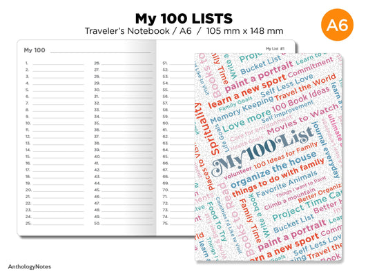 A6 My 100 Lists Printable Planner Traveler's Notebook Insert
