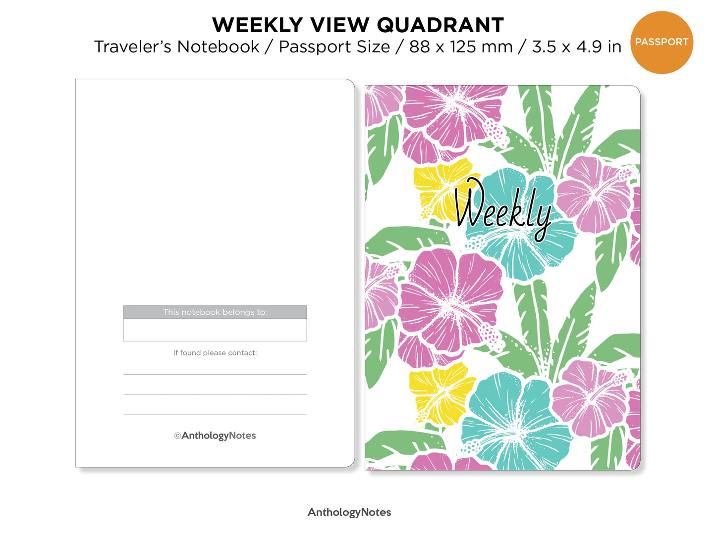 Passport Weekly View Quadrant Traveler's Notebook Printable Insert - Wo2P - Minimalist Functional - Monday or Sunday Start