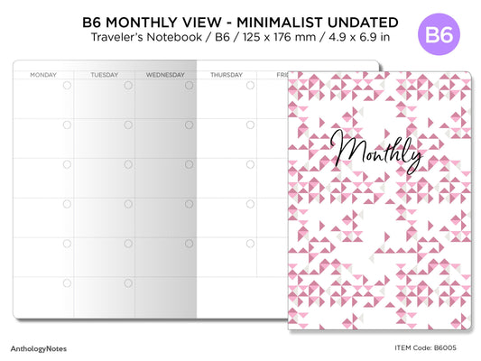 B6 Monthly View Traveler's Notebook Printable Planner PDF - Minimalist Mo2P Undated