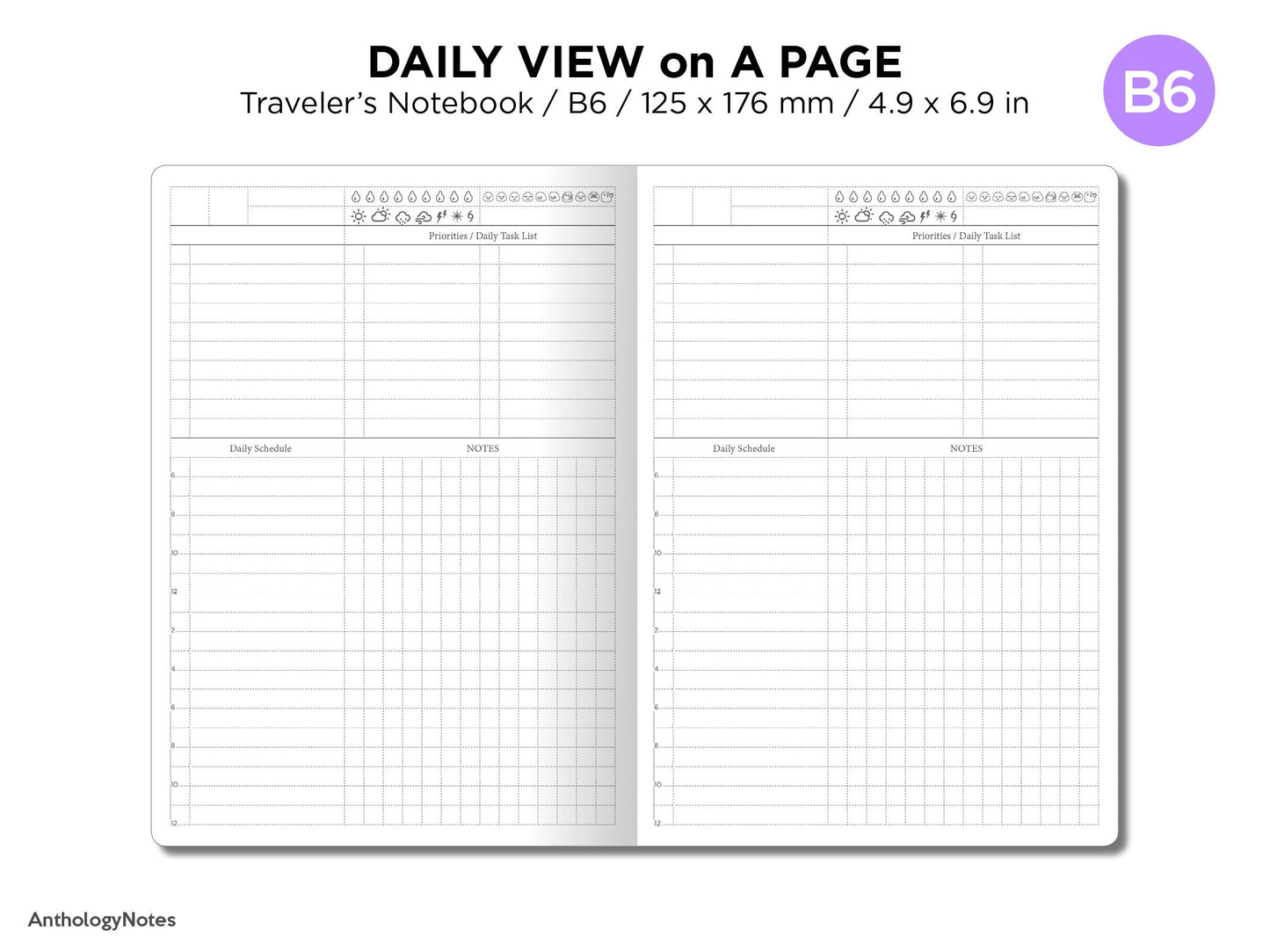 B6 Daily Traveler's Notebook Printable Minimalist Functional GRID with Weather, Mood, Water Intake Tracker - Do1P