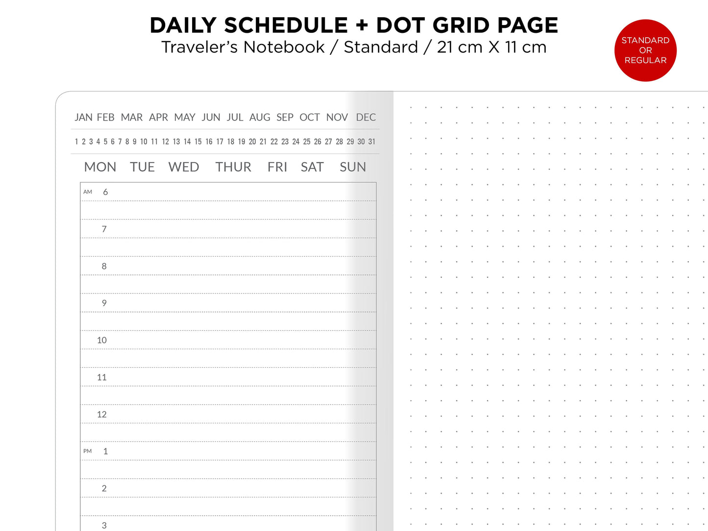 2 Days in A Spread - Standard TN Printable Refill Insert Daily Schedule DOT GRID Traveler's Notebook