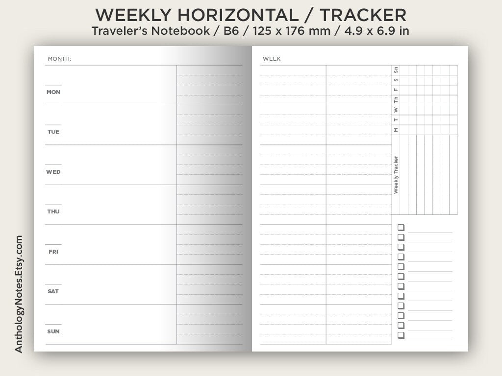 B6 Weekly Horizontal  Weekly Tracker Traveler's Notebook Printables Functional Undated Minimalist Clean