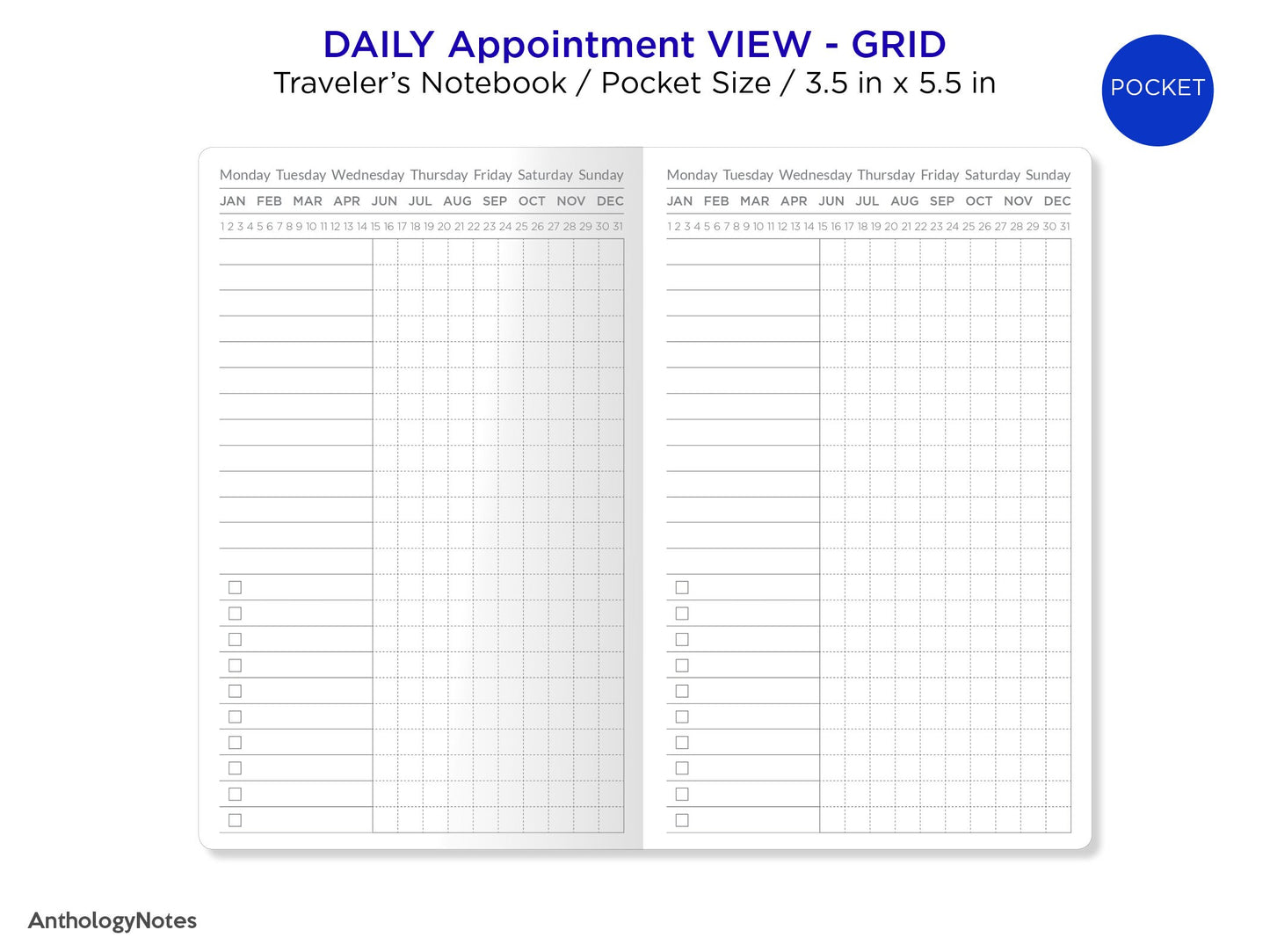 TN POCKET Daily GRID Appointment Schedule Printable Traveler's Notebook Insert