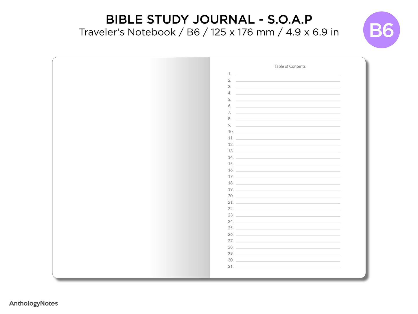 B6 Daily Study Bible Journal S.O.A.P Traveler's Notebook Insert GRID Minimalist Devotional Planner
