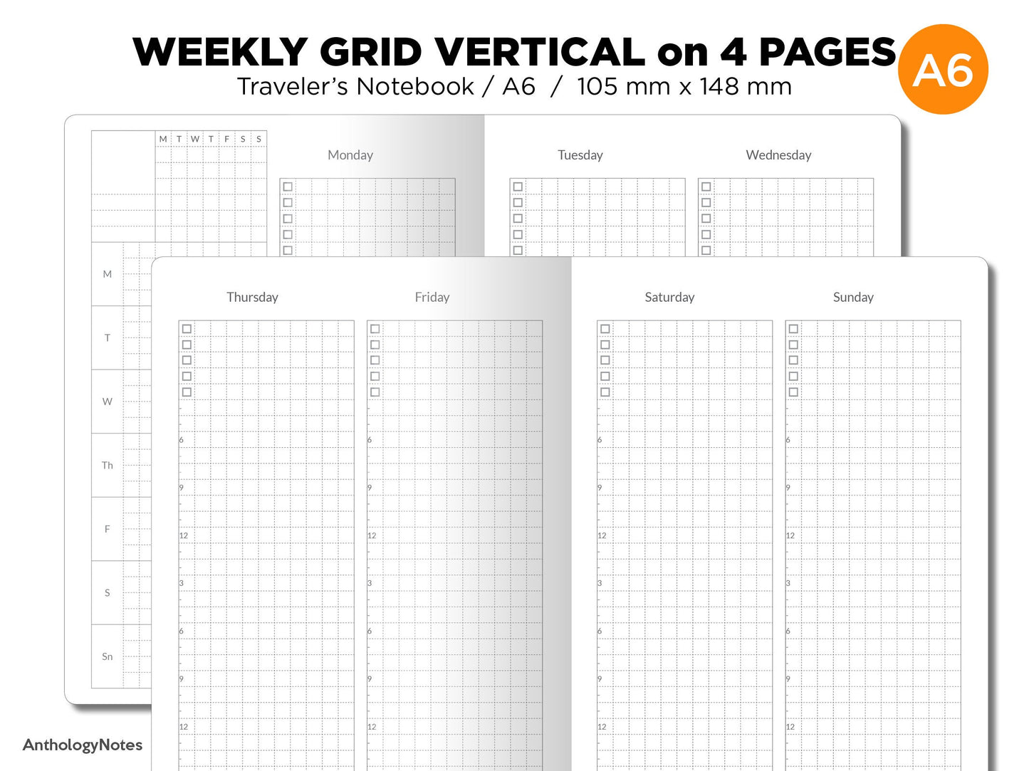 A6 Weekly VERTICAL GRID Traveler's Notebook Wo4P Minimalist Functional Insert TN Monday or Sunday Start