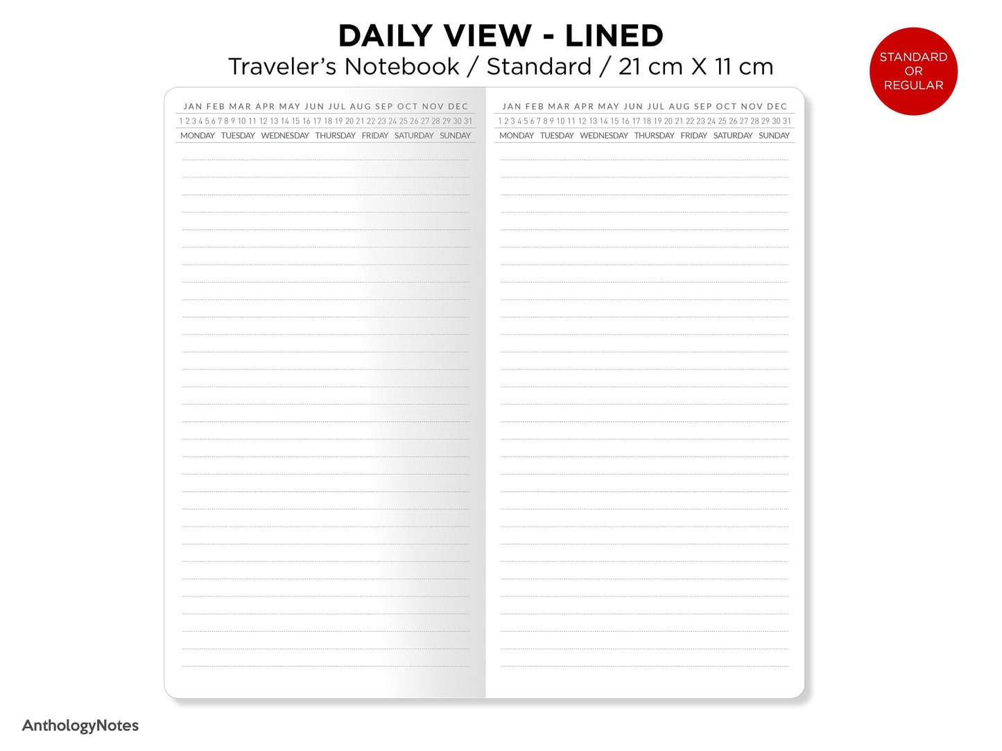 Daily View LINED Traveler's Notebook Standard Size Minimalist UNDATED Printable Insert