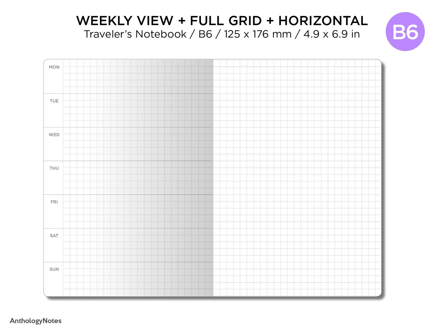 B6 Weekly View Horizontal Full GRID Traveler's Notebook Printable Planner UNDATED
