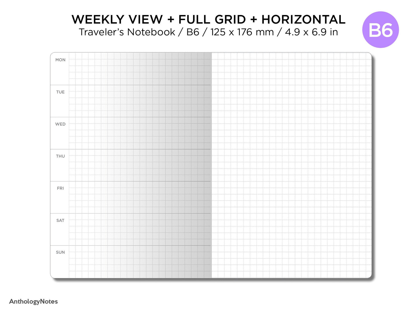 B6 Weekly View Horizontal Full GRID Traveler's Notebook Printable Planner UNDATED