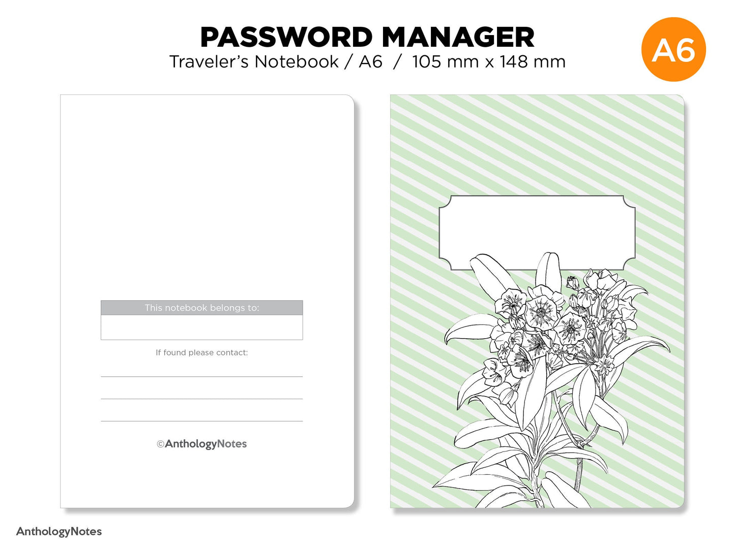 A6 PASSWORD Manager Traveler's Notebook Printable Insert GRID Functional Planning