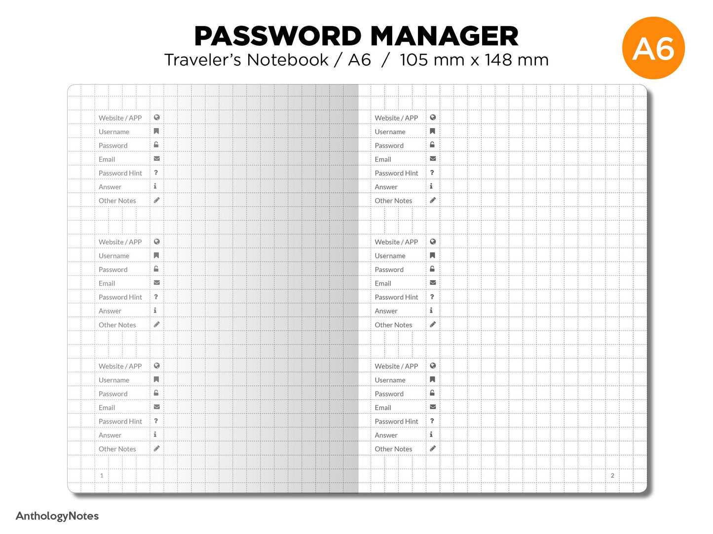 A6 PASSWORD Manager Traveler's Notebook Printable Insert GRID Functional Planning