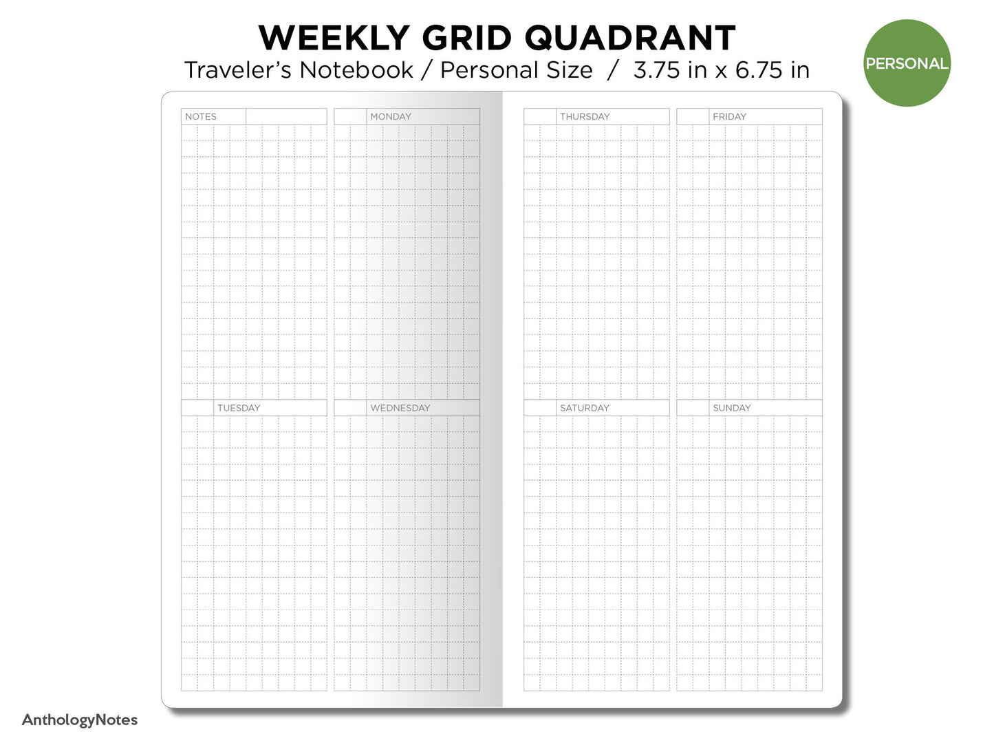 TN PERSONAL Weekly GRID Quadrant Traveler's Notebook Printable Insert - Wo2P