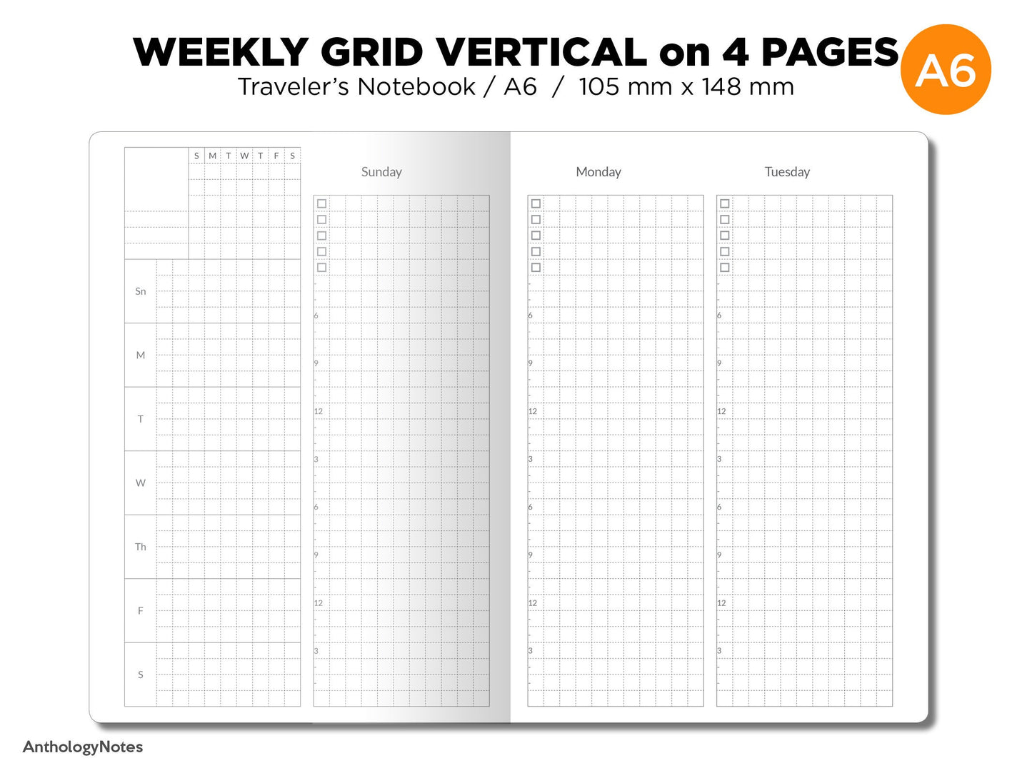 A6 Weekly VERTICAL GRID Traveler's Notebook Wo4P Minimalist Functional Insert TN Monday or Sunday Start