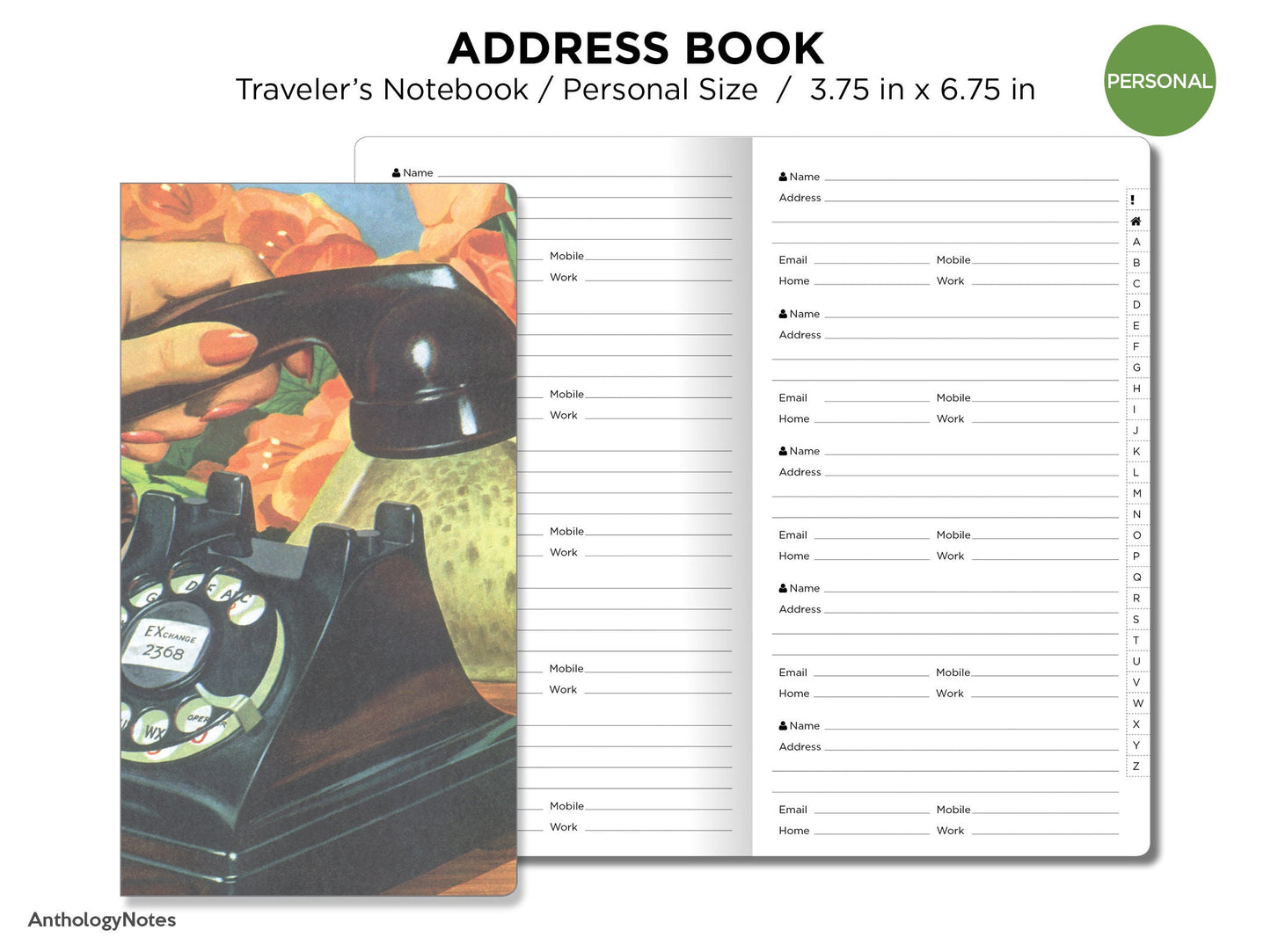 TN Personal ADDRESS Book Traveler's Notebook Printable Insert Contacts with Index