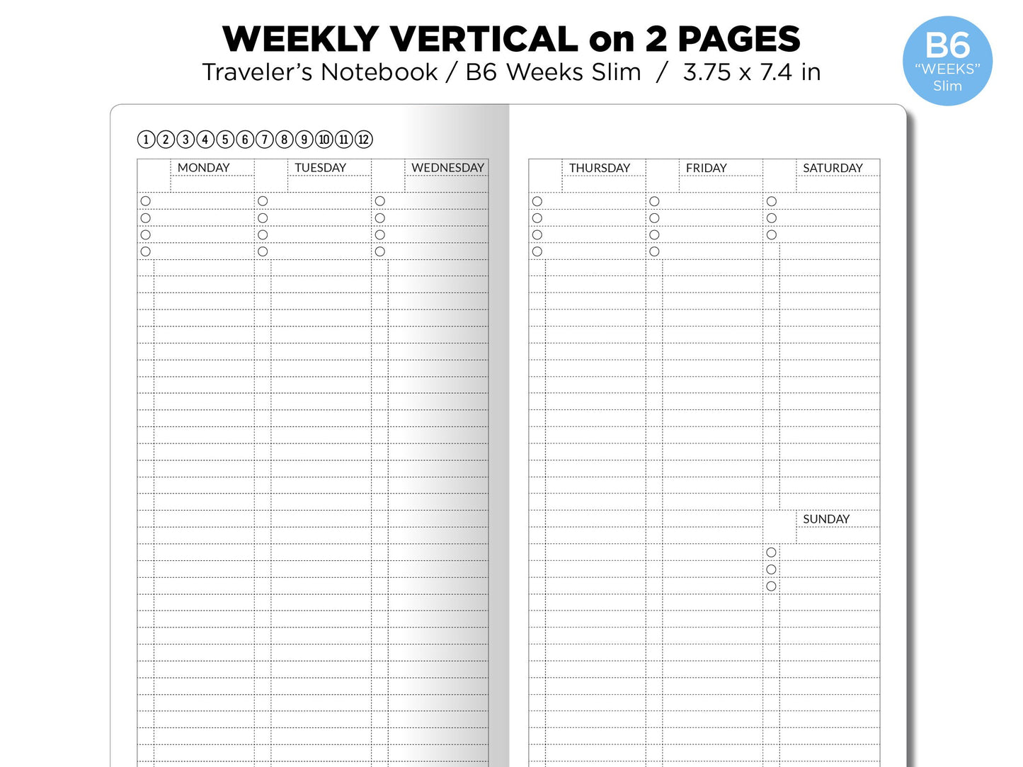 TN WEEKS Weekly VERTICAL Traveler's Notebook Printable Insert