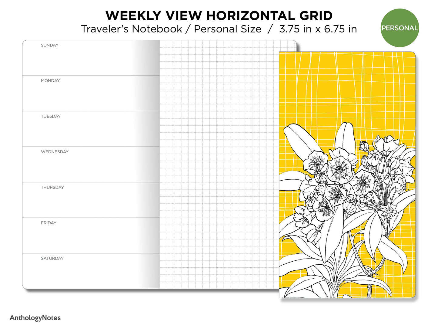 WEEKLY HORIZONTAL GRID Personal Traveler's Notebook Printable Insert Wo1P Monday or Sunday Start