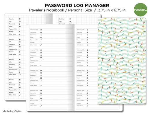 Password Log Manager  PERSONAL Size Traveler's Notebook Printable Insert Minimalist Grid