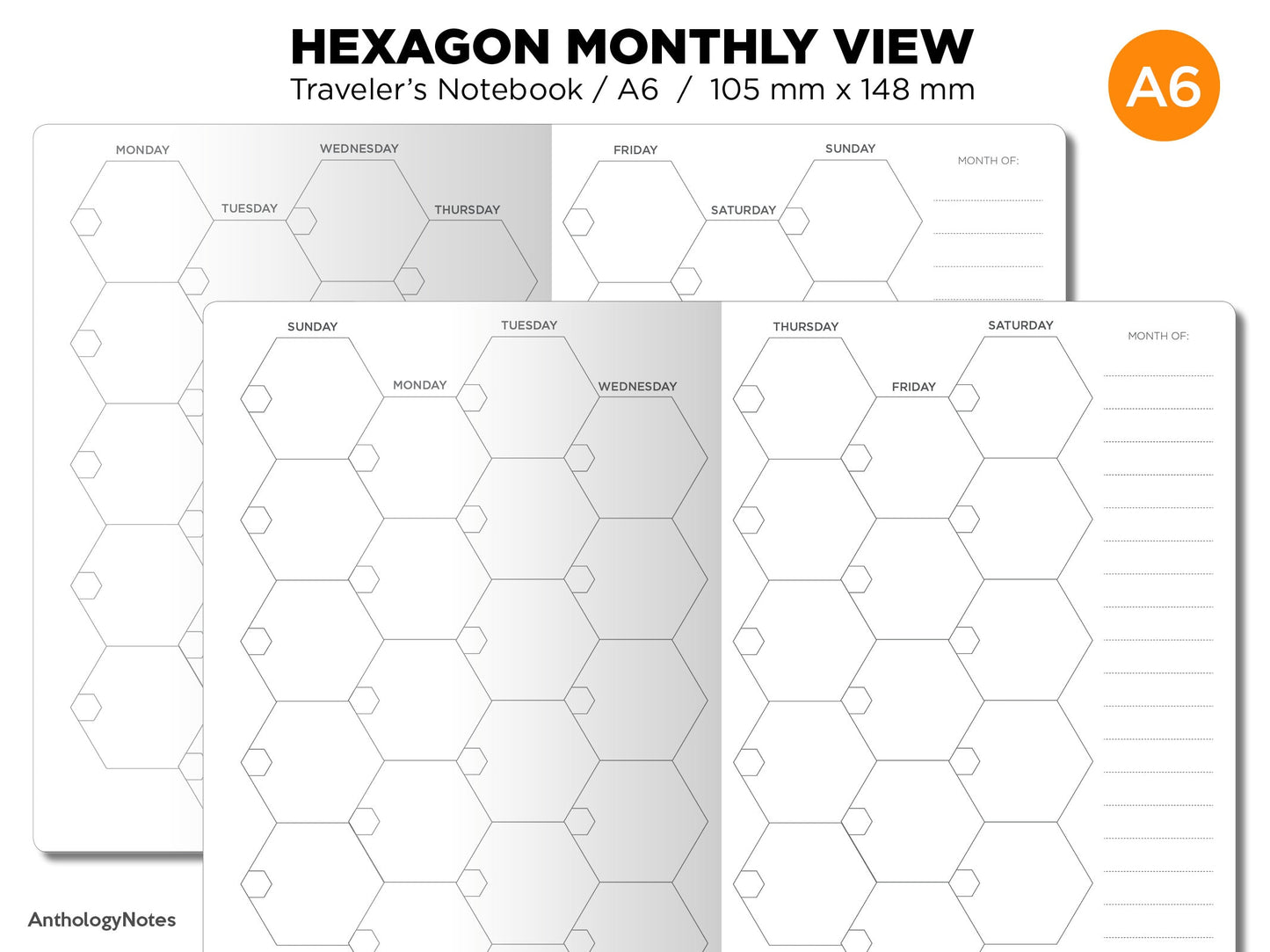 A6 HEXAGON Monthly Traveler's Notebook Printable Insert Mo2P CREATIVE Visual Planning
