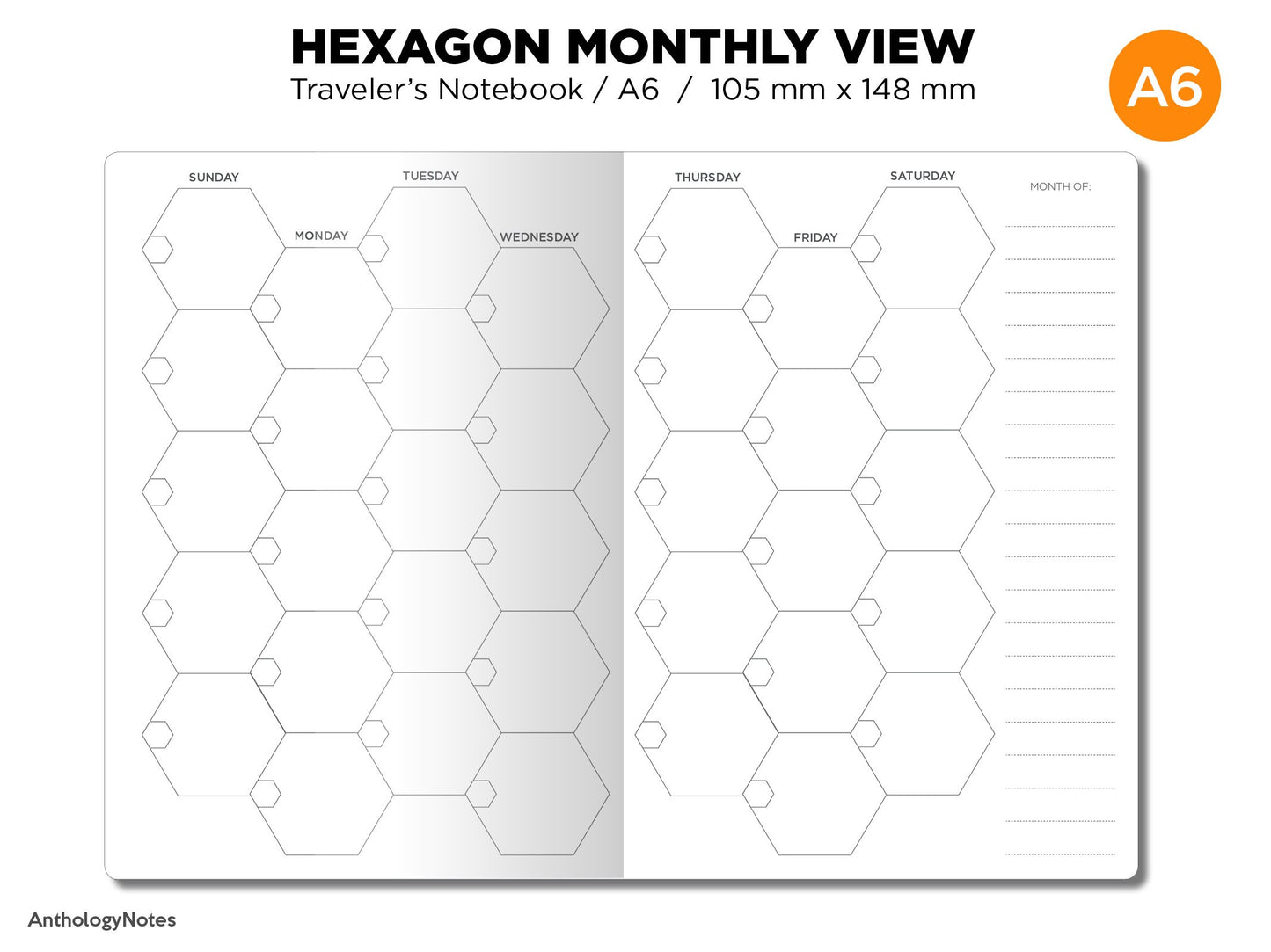 A6 HEXAGON Monthly Traveler's Notebook Printable Insert Mo2P CREATIVE Visual Planning