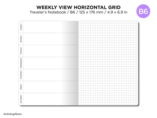 B6 WEEKLY Horizontal GRID Traveler's Notebook Printable Insert - Monday or Sunday Start