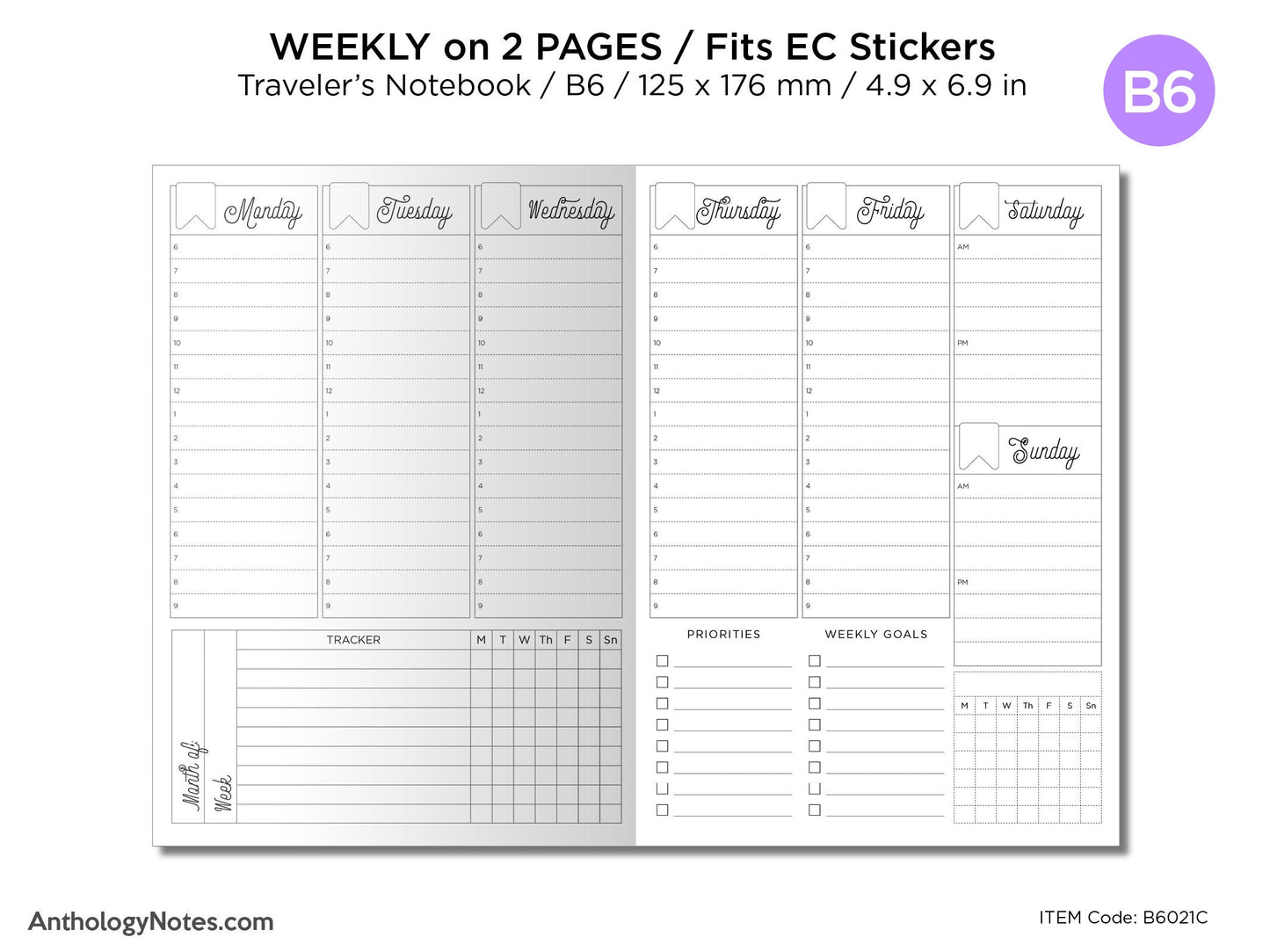 B6 Weekly Vertical Planner Lined Traveler's Notebook Printable Insert fits EC Stickers Wo2P With Weekly Tracker