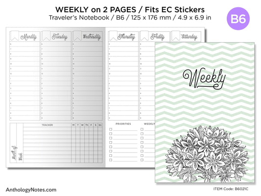 B6 Weekly Vertical Planner Lined Traveler's Notebook Printable Insert fits EC Stickers Wo2P With Weekly Tracker