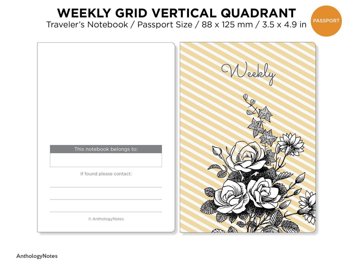 PASSPORT Weekly Grid Printable Insert Traveler's Notebook -  Wo2P Vertical - Undated