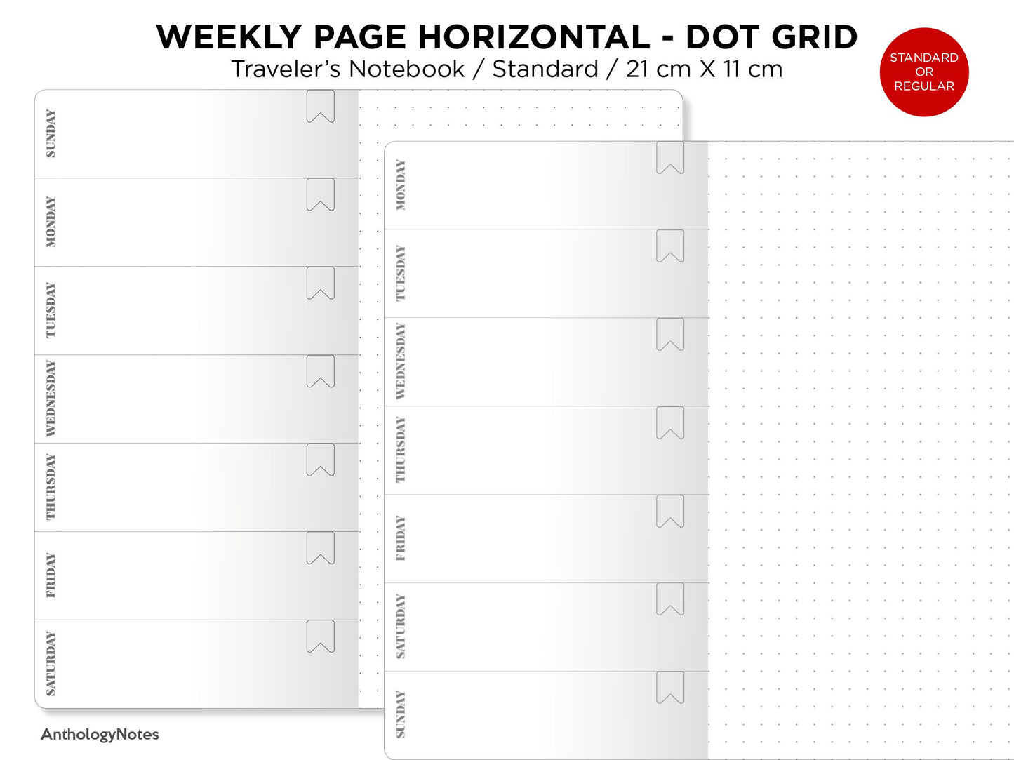Weekly View Dot Grid Page, Wo1P - Traveler's Notebook Printable Insert Refill PDF - Standard Regular Size