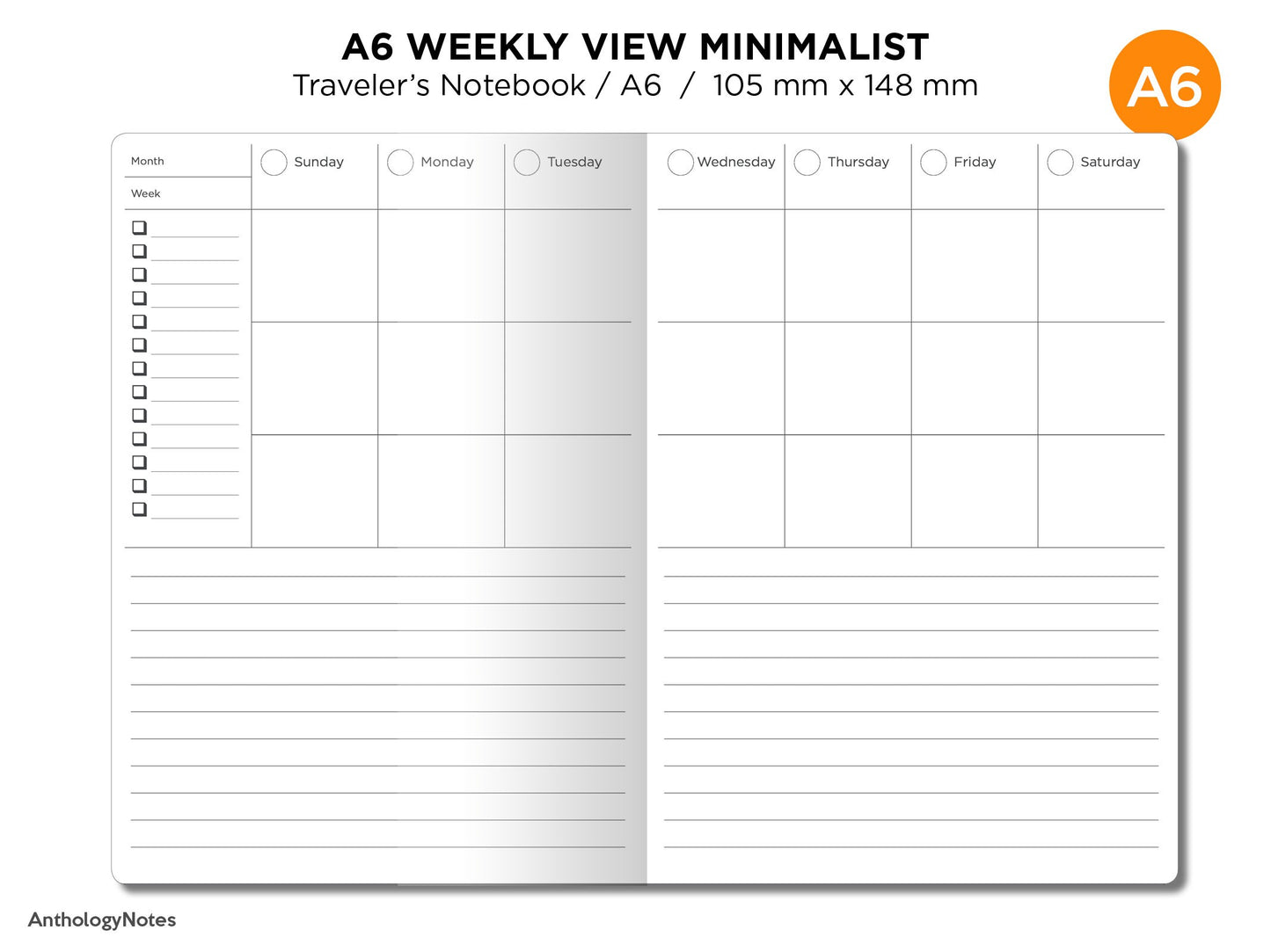 A6 WEEKLY Traveler's Notebook NOTES Minimalist Function Printable TN Insert Wo2P